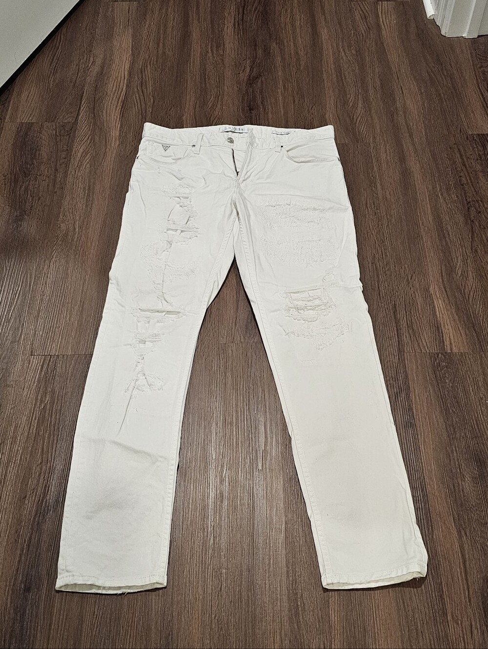 Guess White Distressed Straight Leg Jeans "Painters Style"